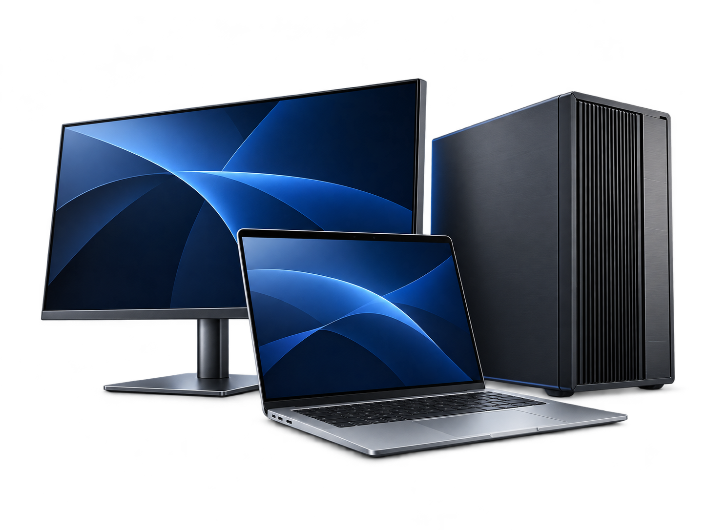 데스크탑 PC, 모니터와 노트북으로 구성된 비즈니스 컴퓨팅 제품 이미지