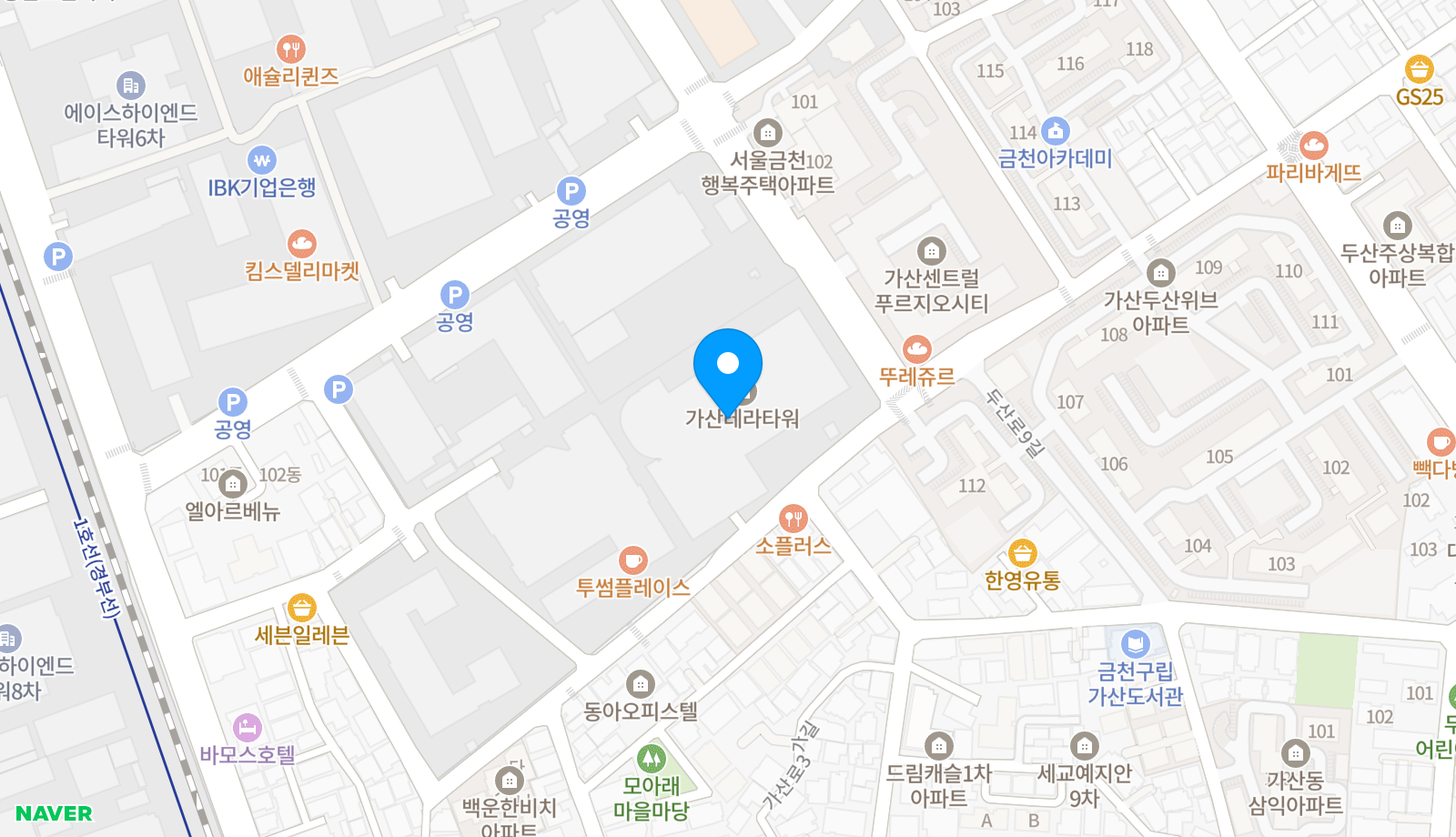 서울 금천구 디지털로10길 78 가산테라타워 위치를 표시한 네이버 지도